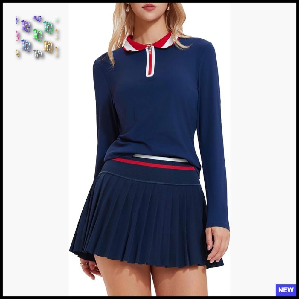 Pleated Tennis Skirt Set High Waisted Zipper Polo Two Piece Athleisure Outfit